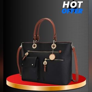 Elegant Black and Brown Leather Tote with Gold Hardware
